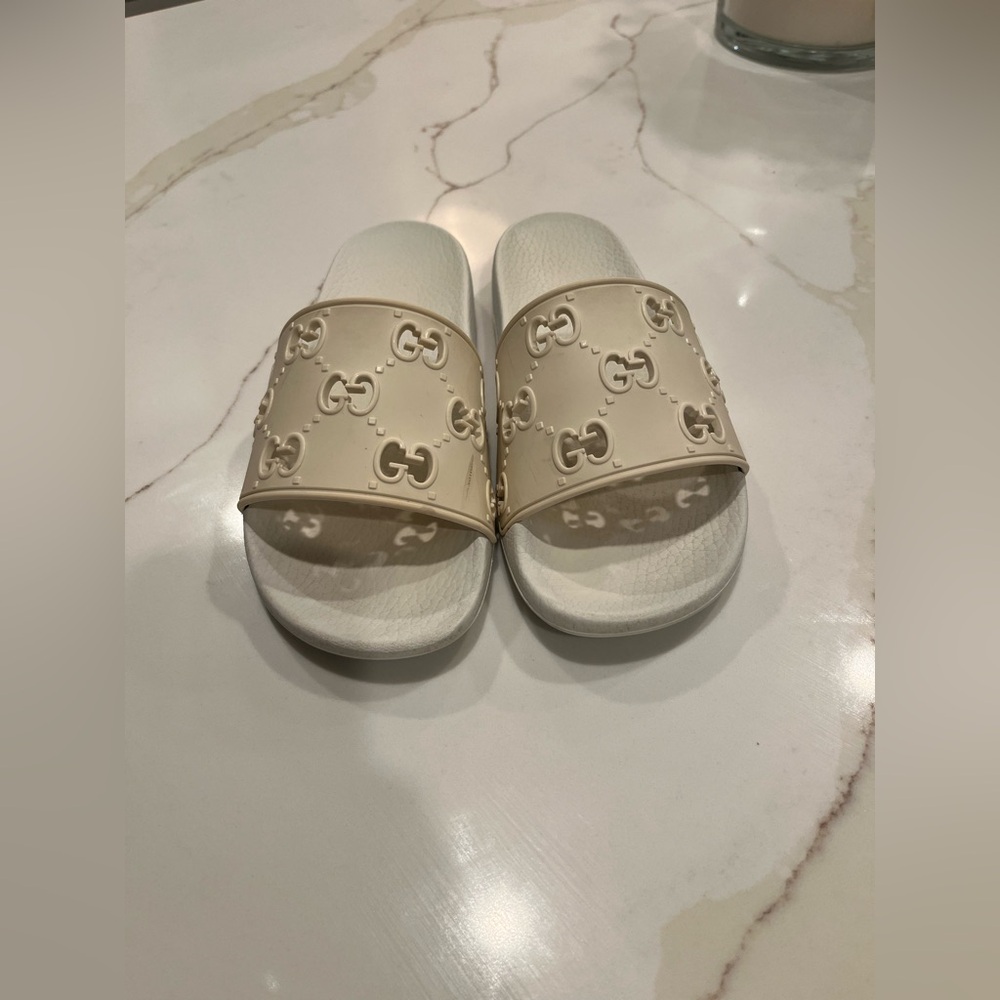 White and Cream Gucci Slides